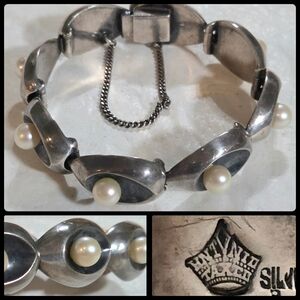 Vintage Antonio Pineda Taxco Mexico 970/Sterling Silver Pearl Modernist Bracelet